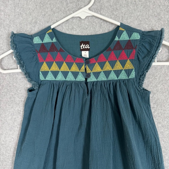 Tea Collection Dress Girl Size 4 Teal Blue Embroidered Flutter Sleeve Geometric - Picture 3 of 12
